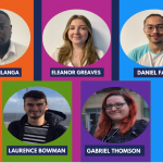 The five interns, Farai Mhlanga, Eleanor Greaves, Daniel Fall, Laurence Bowman and Gabriel Thomson in a Graphical based background with the spirit colours.
